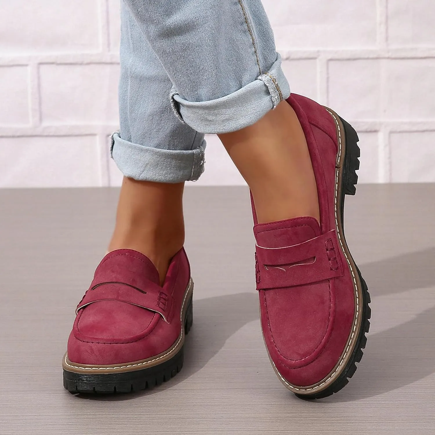 Womens Loafers Slip On Casual Chunky Platform Heel Loafers Classic Penny Dressy Comfy Business Work Shoes Green Beige Black Red US5-11