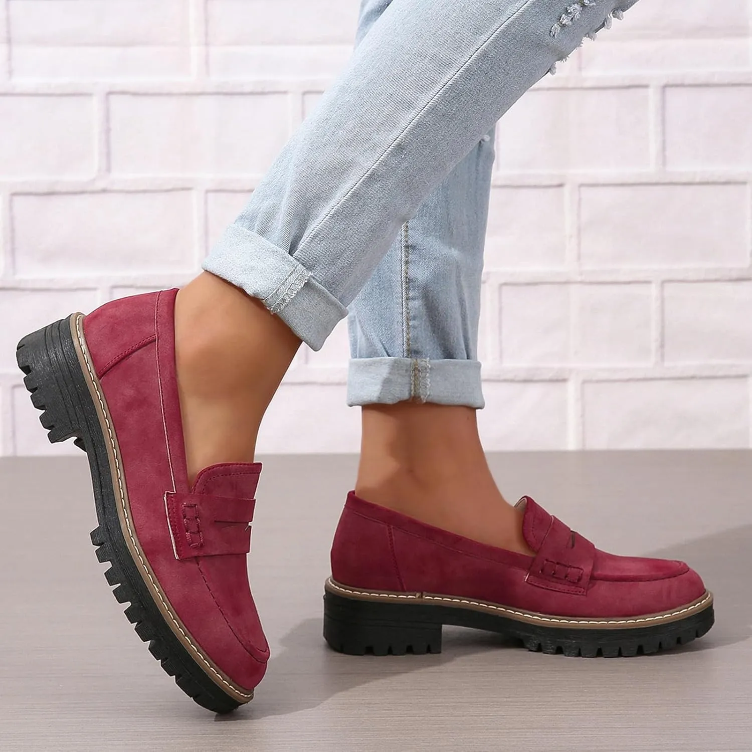 Womens Loafers Slip On Casual Chunky Platform Heel Loafers Classic Penny Dressy Comfy Business Work Shoes Green Beige Black Red US5-11