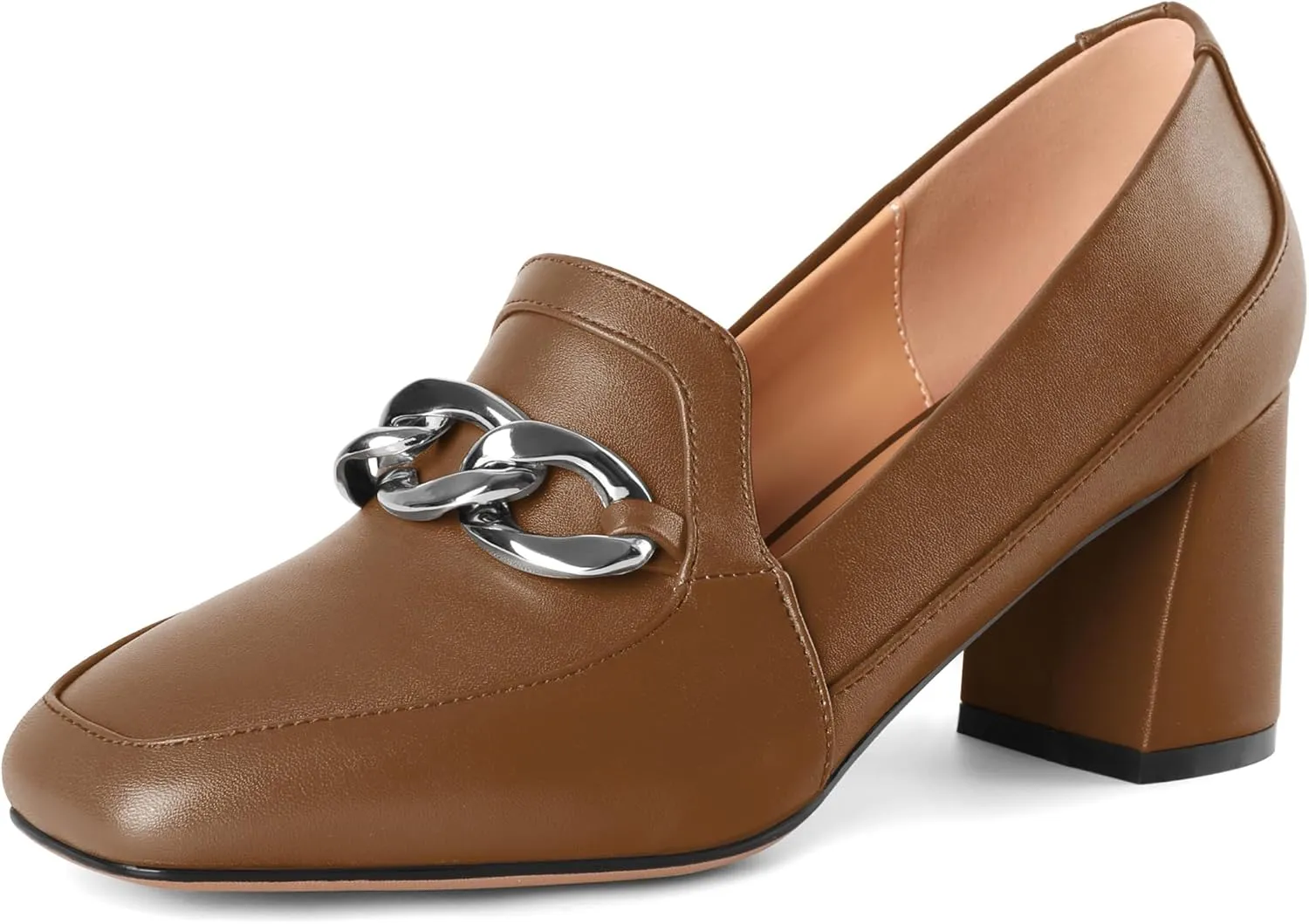 Women's Low Heel Pumps Loafers with Metal Buckle Square Toe Pumps Chunky Heeled Pump Stylish Comfortable 2.5 Inch Loafers Heels