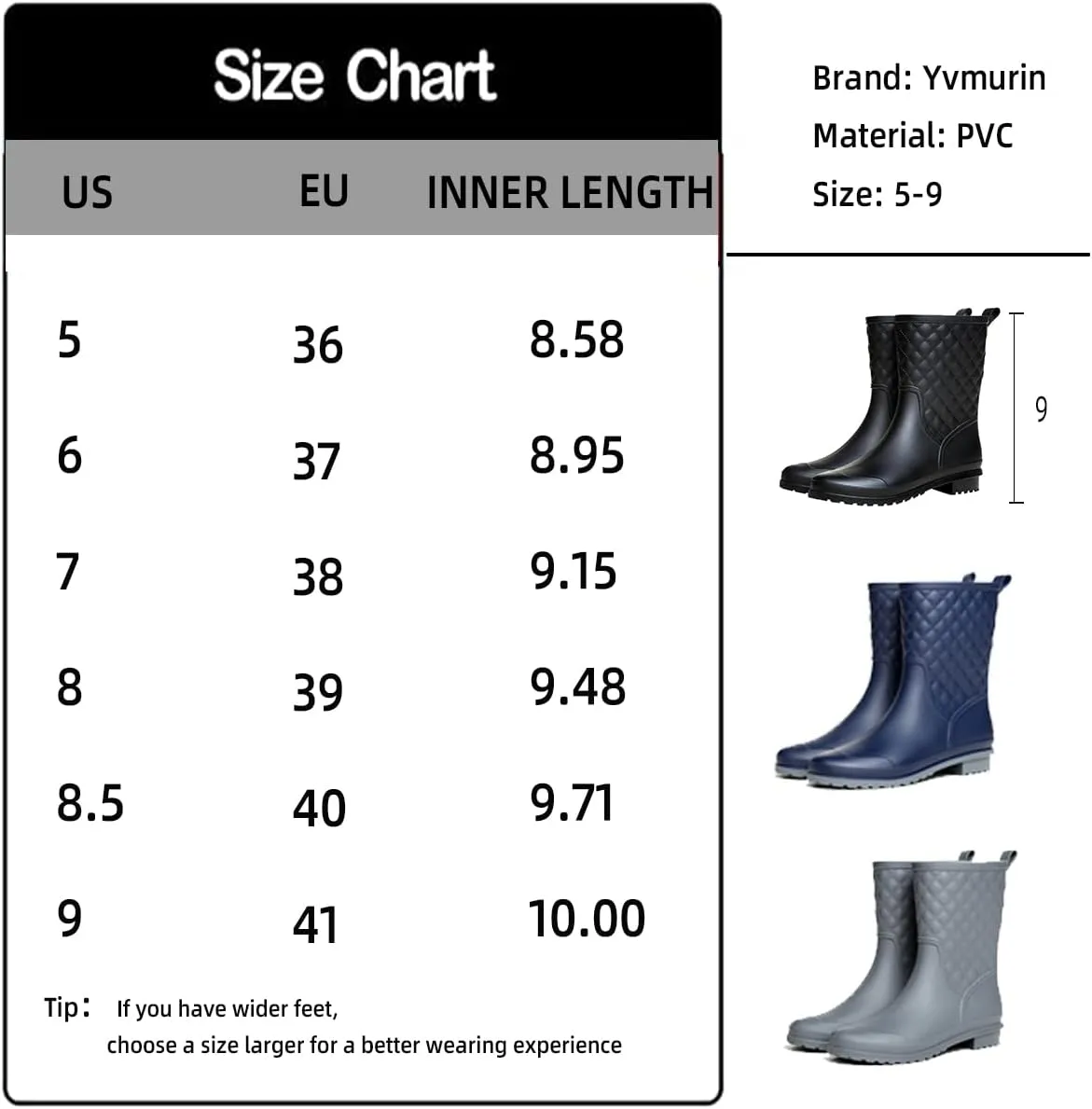 Women's Mid Calf Rain Boots Waterproof Rubber Booties Garden Shoes Outdoor Work