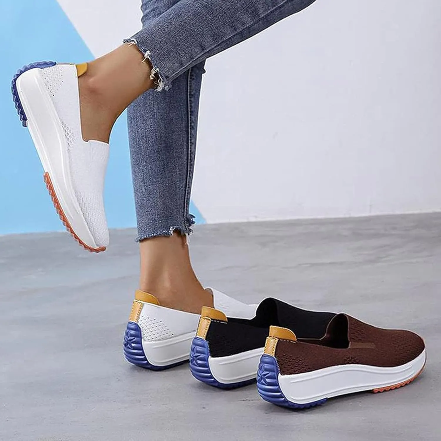 Women's Orthopedic Slip-On Walking Shoes, Comfort Loafers Wide Fit Knit Breathable Mesh Non-Slip Platform Flat Boat Shoes, Lightweight Soft Casual Sneakers