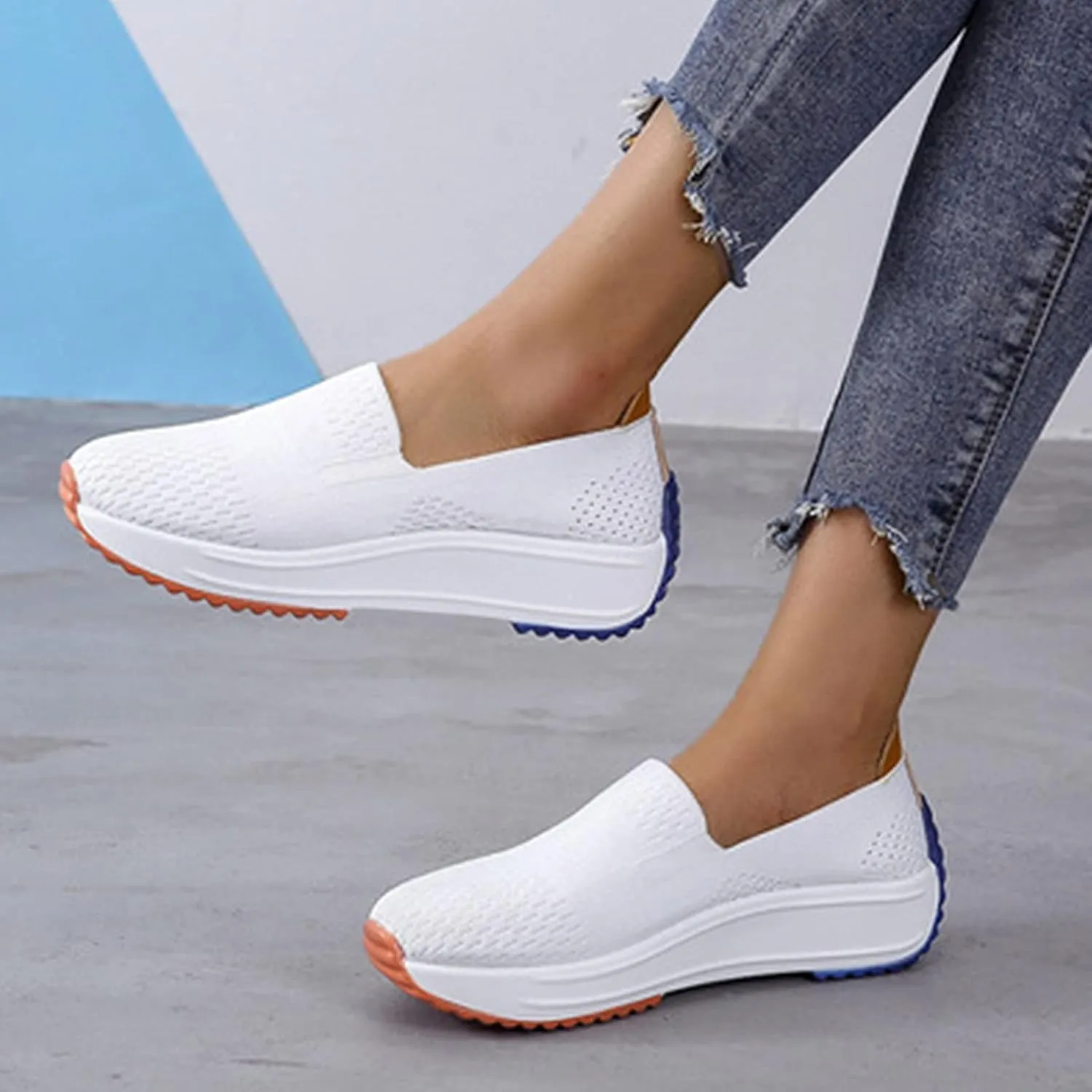 Women's Orthopedic Slip-On Walking Shoes, Comfort Loafers Wide Fit Knit Breathable Mesh Non-Slip Platform Flat Boat Shoes, Lightweight Soft Casual Sneakers