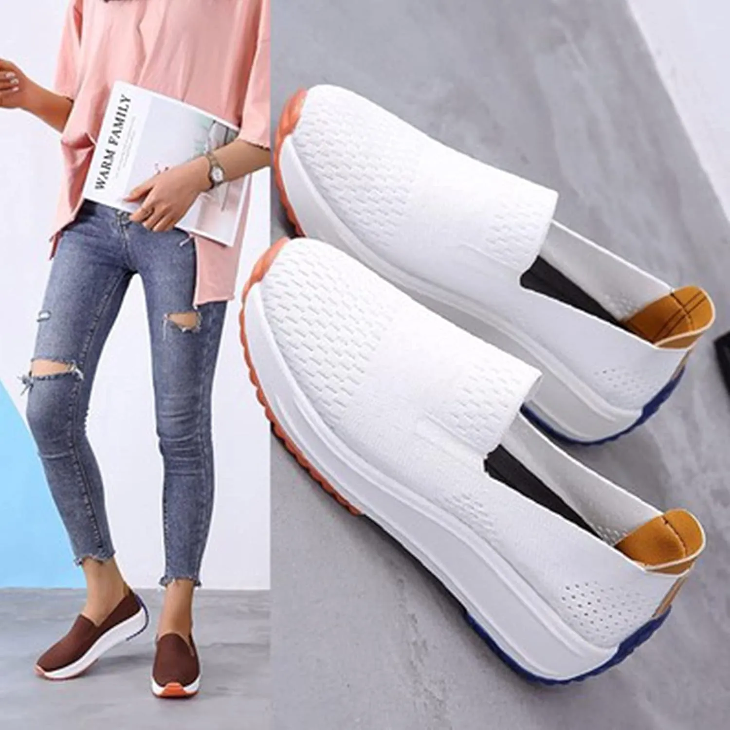 Women's Orthopedic Slip-On Walking Shoes, Comfort Loafers Wide Fit Knit Breathable Mesh Non-Slip Platform Flat Boat Shoes, Lightweight Soft Casual Sneakers