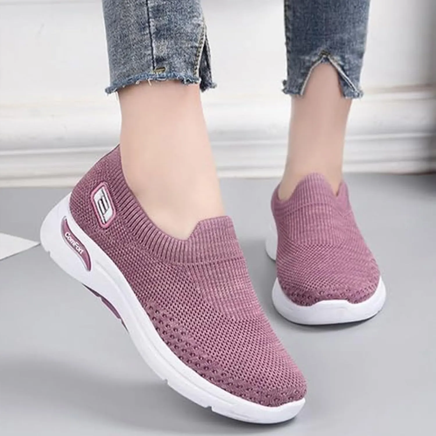 Womens Orthopedic Sneakers Slip On Arch Support Walking Shoes Comfortable Soft Sole Non Slip Low Top Tennis Shoes Mesh Breathable Lightweight Casual Sneakers