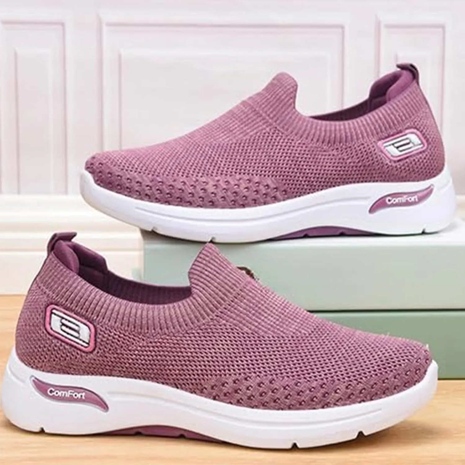 Womens Orthopedic Sneakers Slip On Arch Support Walking Shoes Comfortable Soft Sole Non Slip Low Top Tennis Shoes Mesh Breathable Lightweight Casual Sneakers
