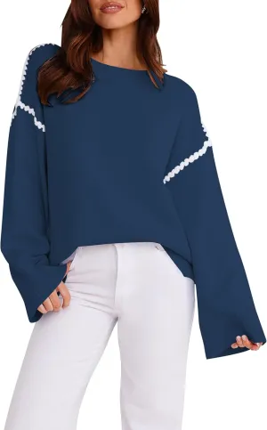 Women's Oversized Sweaters Loose Fit Fall Crewneck Color Block Knit Pullover Sweater Tops