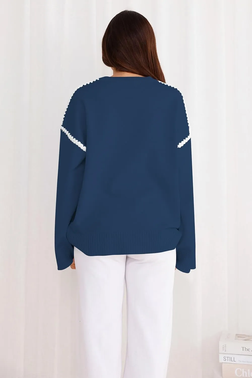 Women's Oversized Sweaters Loose Fit Fall Crewneck Color Block Knit Pullover Sweater Tops
