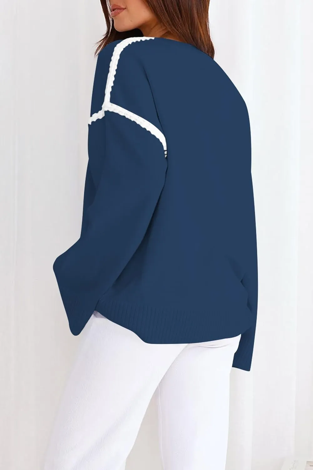 Women's Oversized Sweaters Loose Fit Fall Crewneck Color Block Knit Pullover Sweater Tops