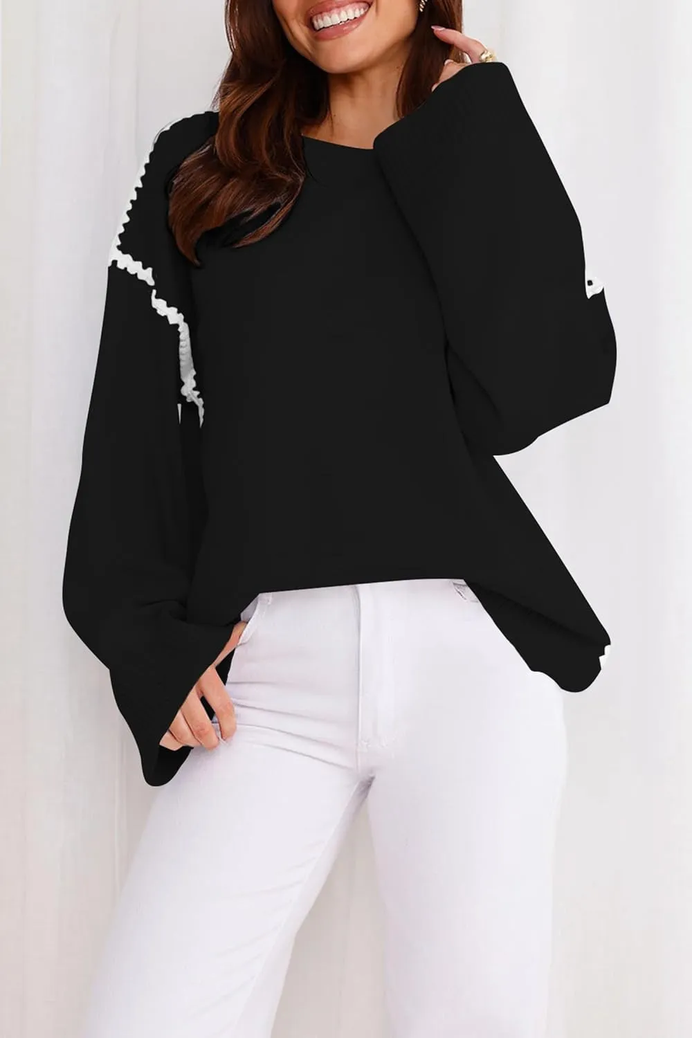 Women's Oversized Sweaters Loose Fit Fall Crewneck Color Block Knit Pullover Sweater Tops