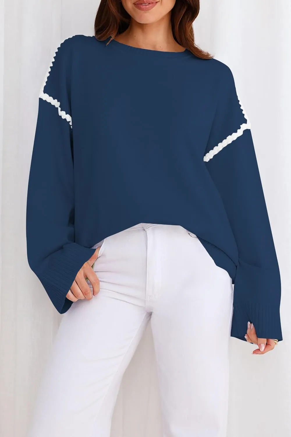 Women's Oversized Sweaters Loose Fit Fall Crewneck Color Block Knit Pullover Sweater Tops