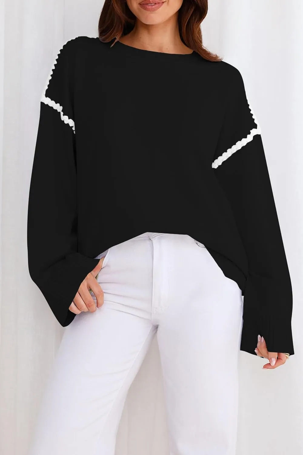 Women's Oversized Sweaters Loose Fit Fall Crewneck Color Block Knit Pullover Sweater Tops