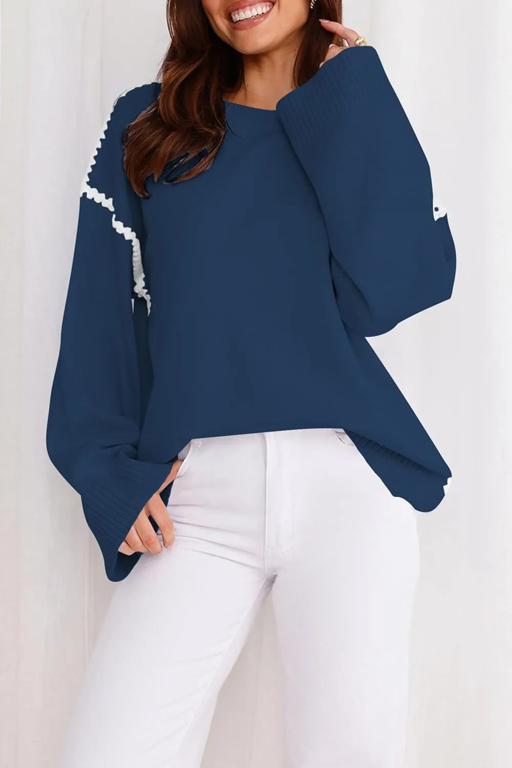 Women's Oversized Sweaters Loose Fit Fall Crewneck Color Block Knit Pullover Sweater Tops