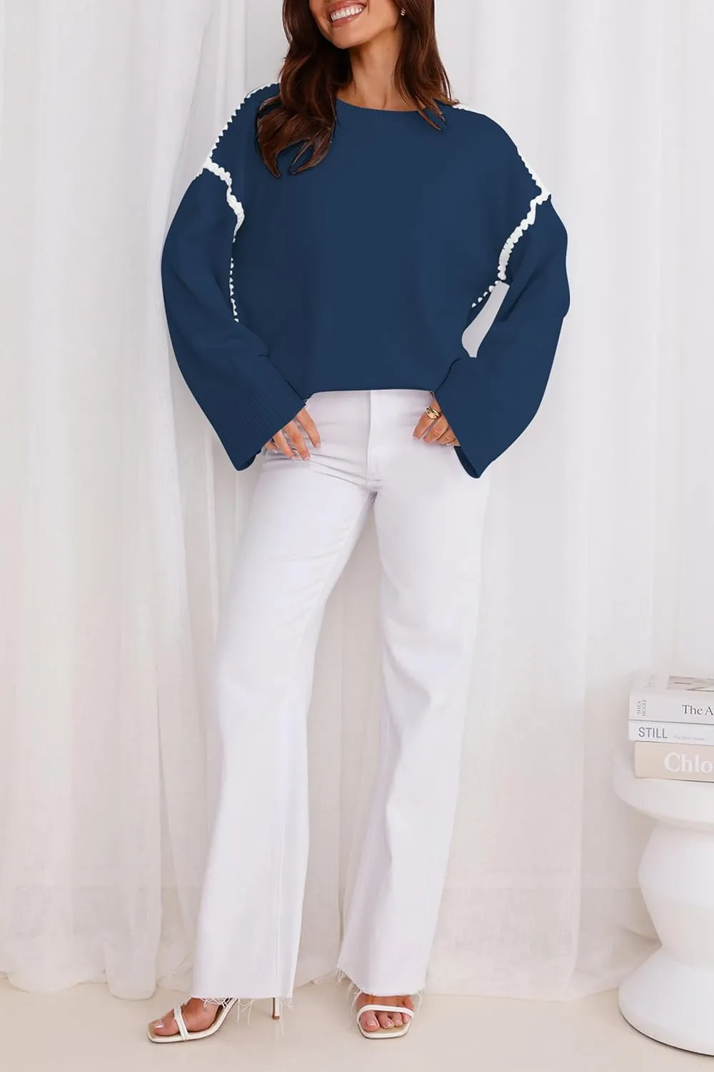 Women's Oversized Sweaters Loose Fit Fall Crewneck Color Block Knit Pullover Sweater Tops