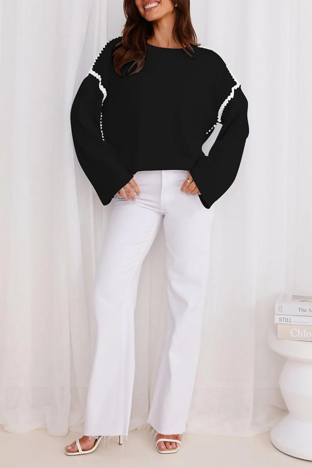 Women's Oversized Sweaters Loose Fit Fall Crewneck Color Block Knit Pullover Sweater Tops