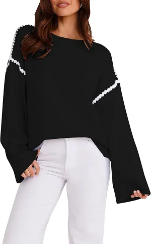 Women's Oversized Sweaters Loose Fit Fall Crewneck Color Block Knit Pullover Sweater Tops