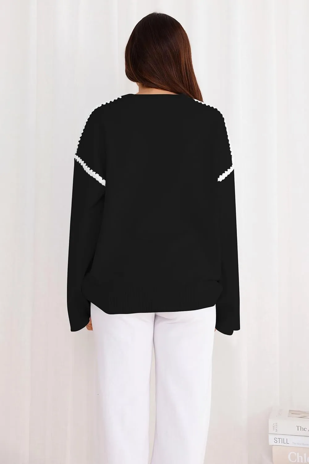 Women's Oversized Sweaters Loose Fit Fall Crewneck Color Block Knit Pullover Sweater Tops