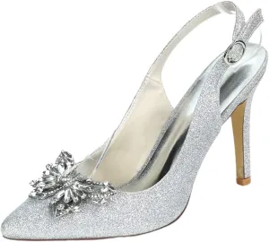 Womens Party Dress Glitter Sandals Heels Wedding Court Shoes for Bride Pointed Toe Slingback Silver 5 US