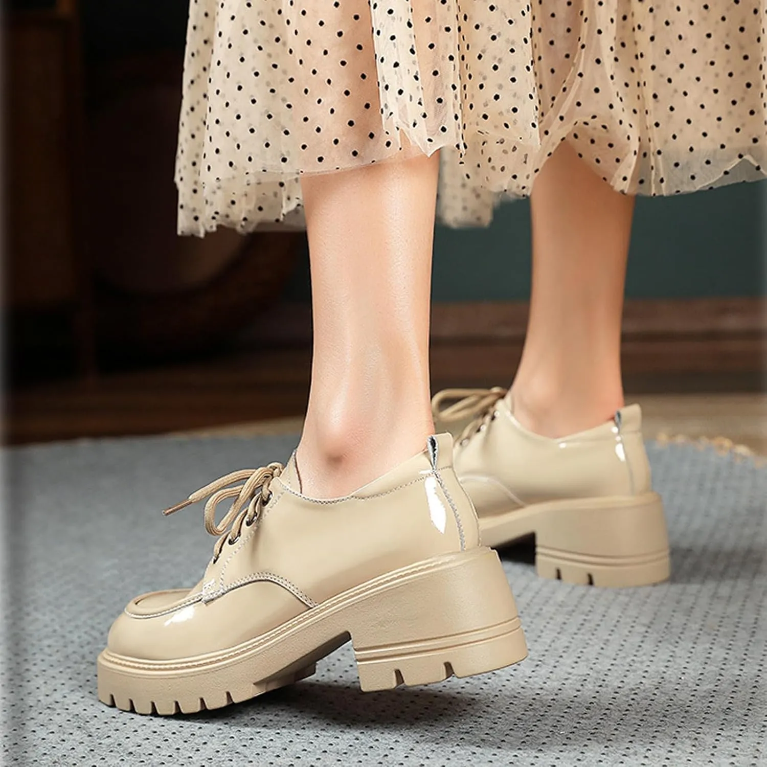 Women's Patent Leather Chunky Platform Oxford Fashion Round Toe Chunky Heightening Lug Sole Lace-Up Loafers Comfort Non Slip Business Office Dress Shoes