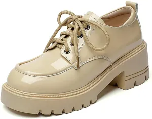 Women's Patent Leather Chunky Platform Oxford Fashion Round Toe Chunky Heightening Lug Sole Lace-Up Loafers Comfort Non Slip Business Office Dress Shoes