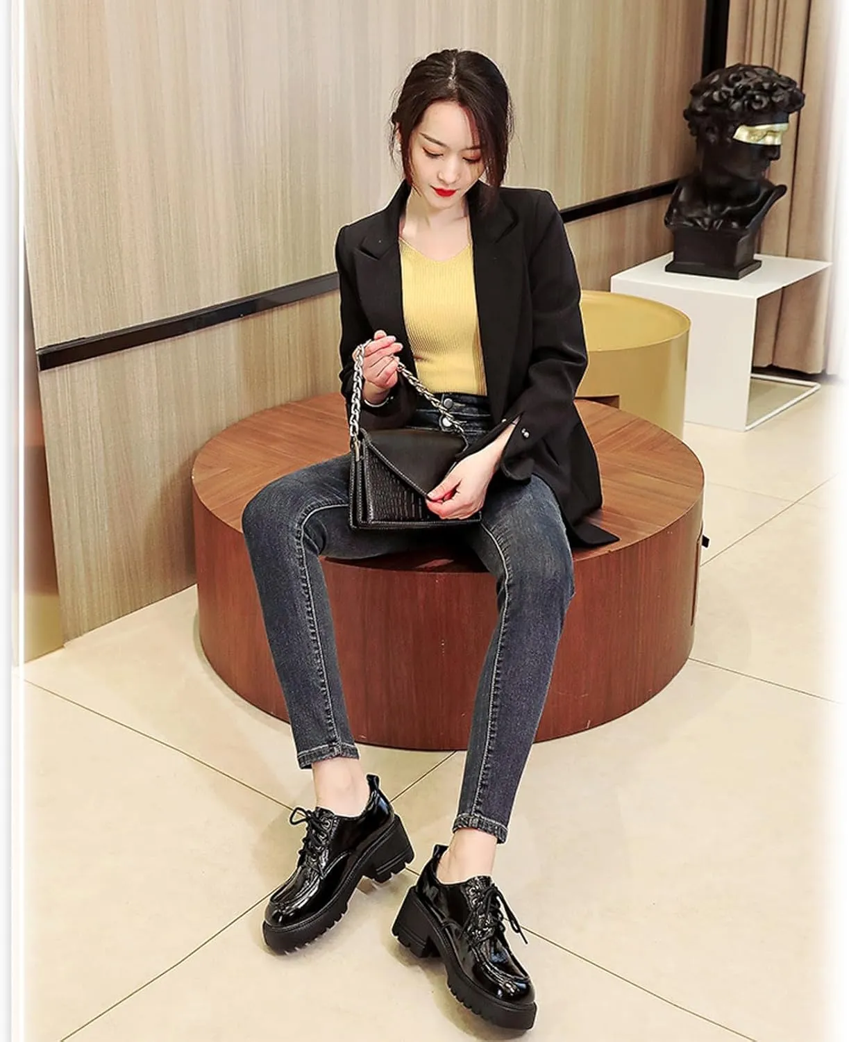 Women's Patent Leather Chunky Platform Oxford Fashion Round Toe Chunky Heightening Lug Sole Lace-Up Loafers Comfort Non Slip Business Office Dress Shoes