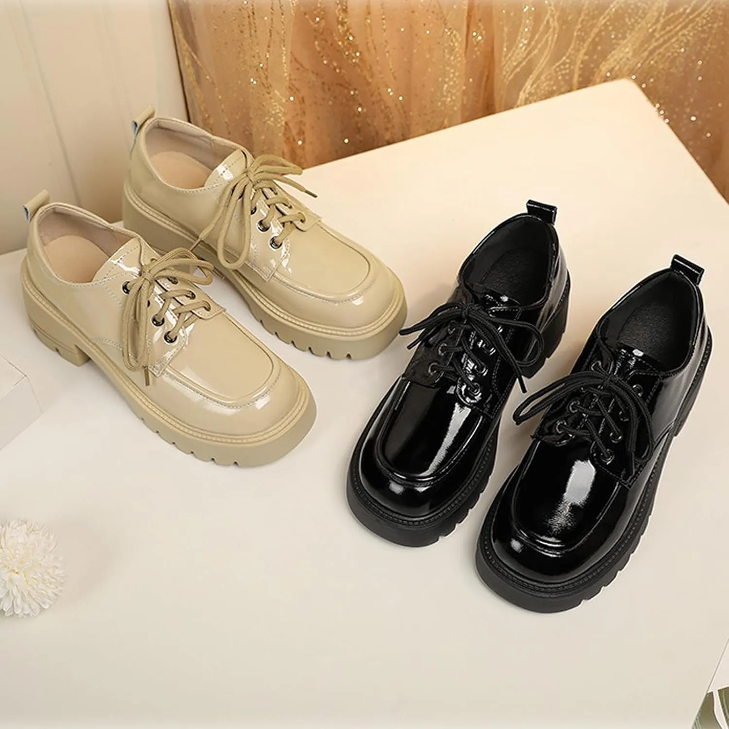Women's Patent Leather Chunky Platform Oxford Fashion Round Toe Chunky Heightening Lug Sole Lace-Up Loafers Comfort Non Slip Business Office Dress Shoes