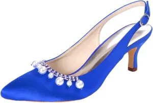 Womens Pearl Wedding Sandals lingback Wedding Shoes 6CM Bride Party Dress Evening Bridesmaid Pointed Toe Kitten Heel Lace Rhinestones Pumps