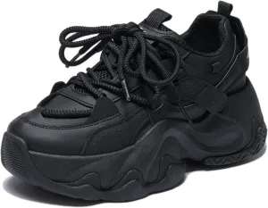 Women's Platform Chunky Sneakers Casual Lace-Up Walking Shoes Comfortable Leather Sneakers Gym Shoes