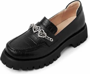 Women's Platform Loafers Leather, Slip On Chunky Mid Heel Shoes