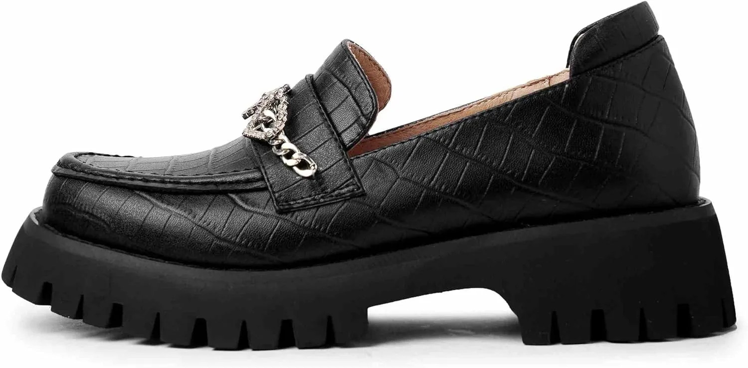 Women's Platform Loafers Leather, Slip On Chunky Mid Heel Shoes