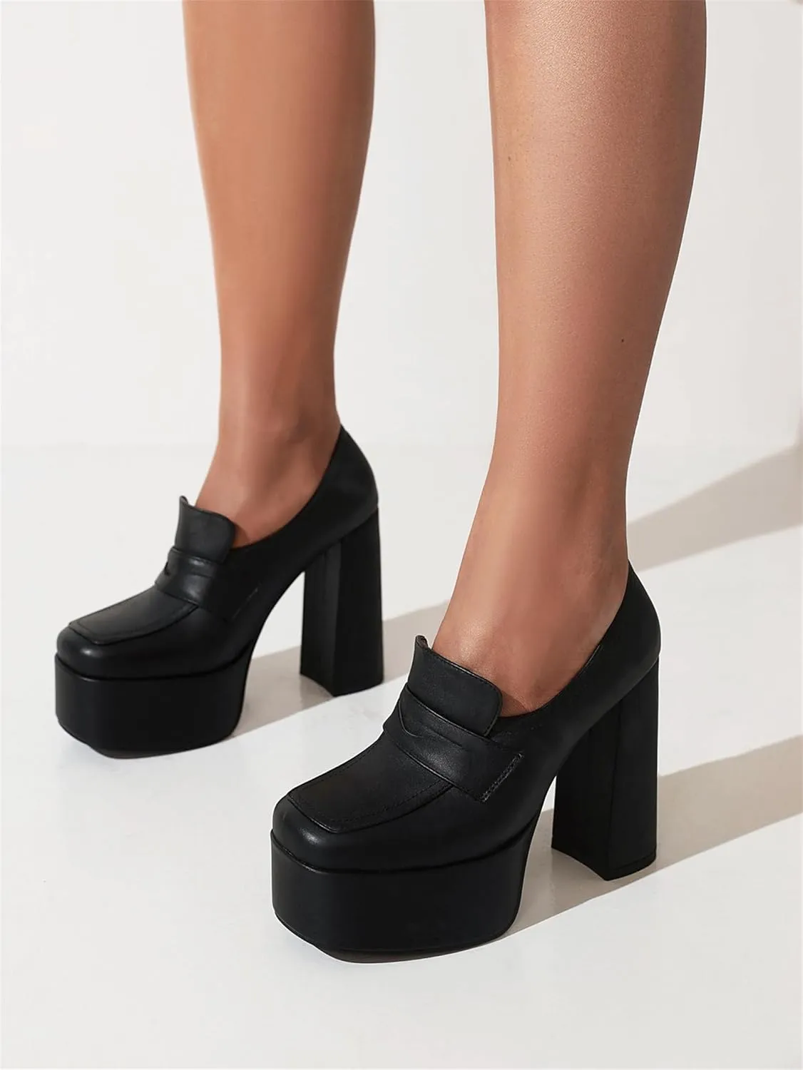 Women's Platform Square Closed Toe Pumps Pull-On Loafers Comfortable Chunky High Heels Office Concise Cosplay Work Casual Student Dating Daily Wear Fashion Business Dress Shoes