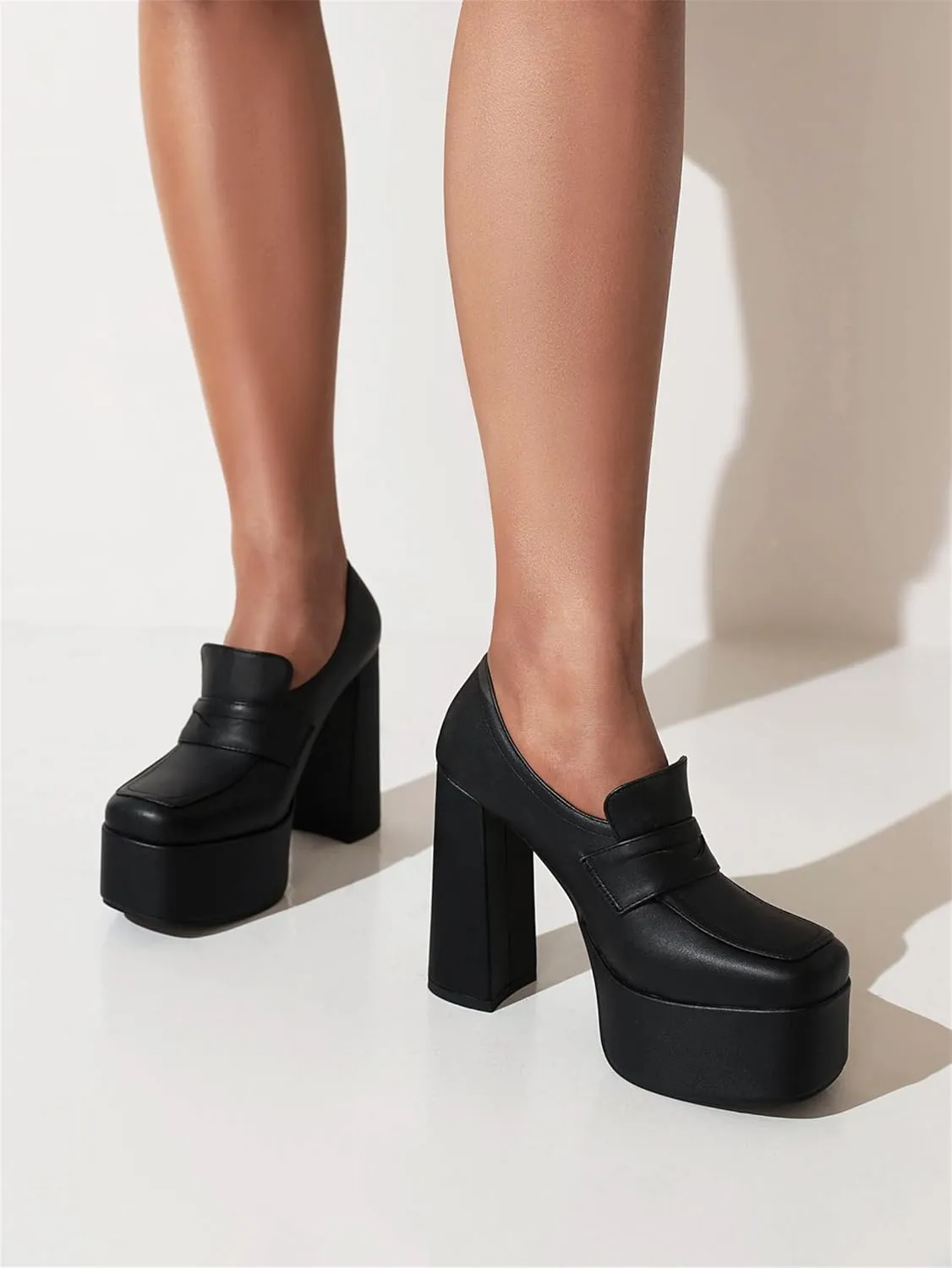 Women's Platform Square Closed Toe Pumps Pull-On Loafers Comfortable Chunky High Heels Office Concise Cosplay Work Casual Student Dating Daily Wear Fashion Business Dress Shoes