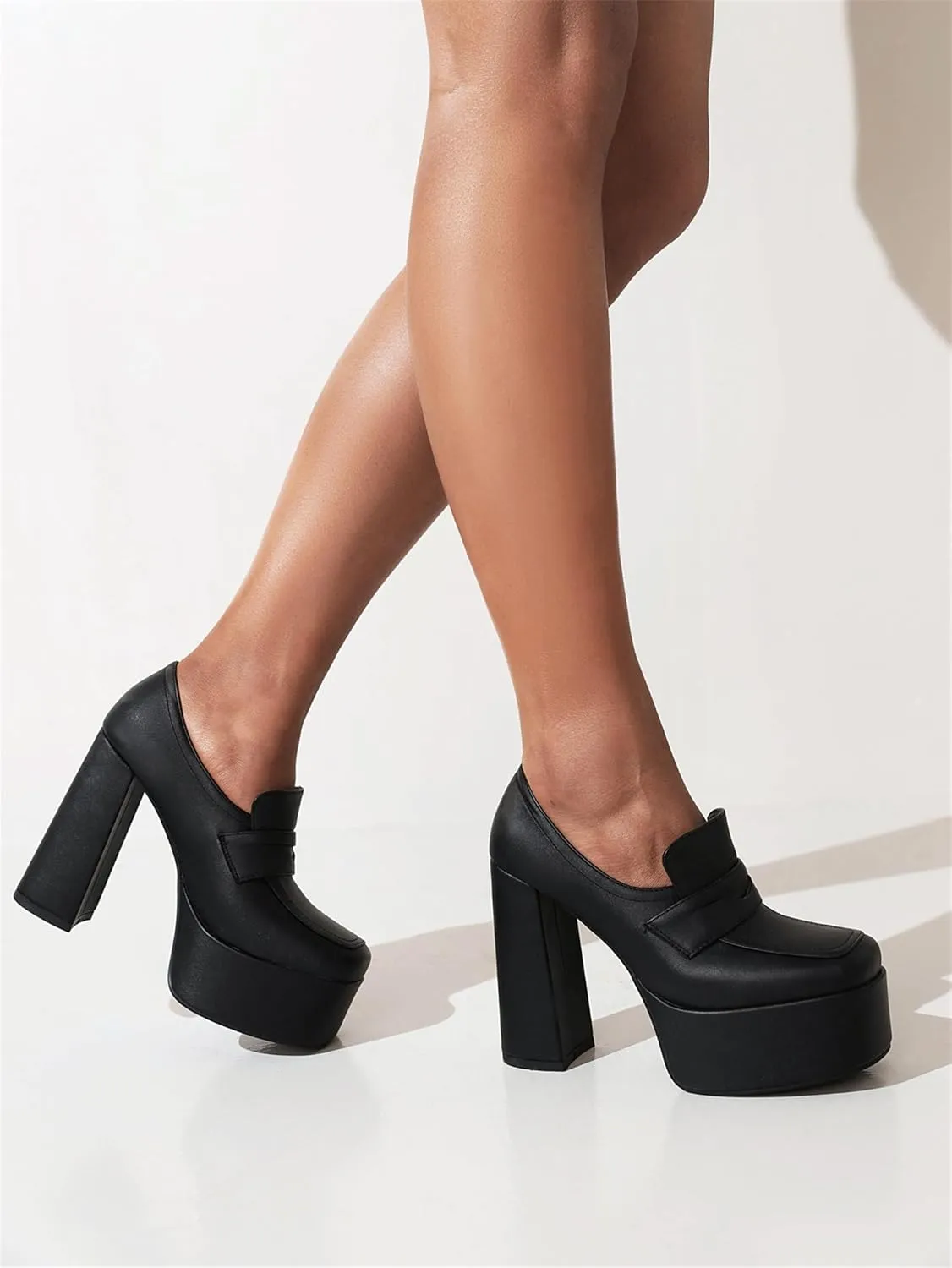 Women's Platform Square Closed Toe Pumps Pull-On Loafers Comfortable Chunky High Heels Office Concise Cosplay Work Casual Student Dating Daily Wear Fashion Business Dress Shoes