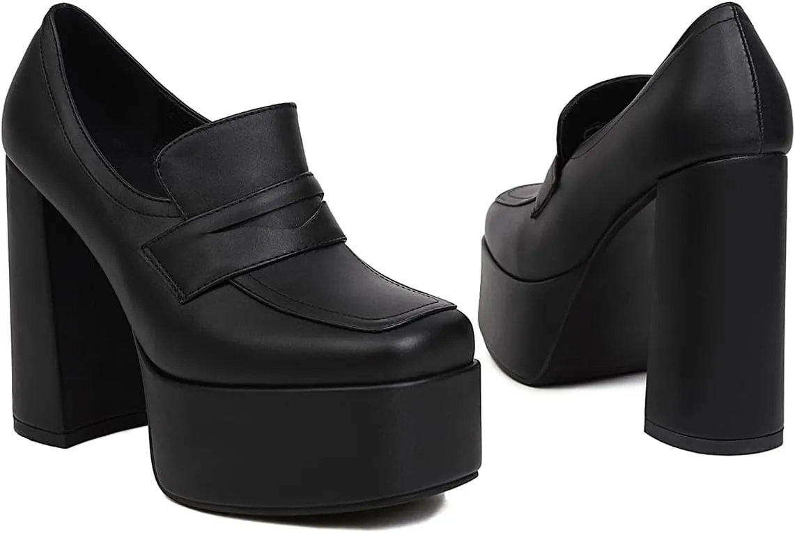 Women's Platform Square Closed Toe Pumps Pull-On Loafers Comfortable Chunky High Heels Office Concise Cosplay Work Casual Student Dating Daily Wear Fashion Business Dress Shoes