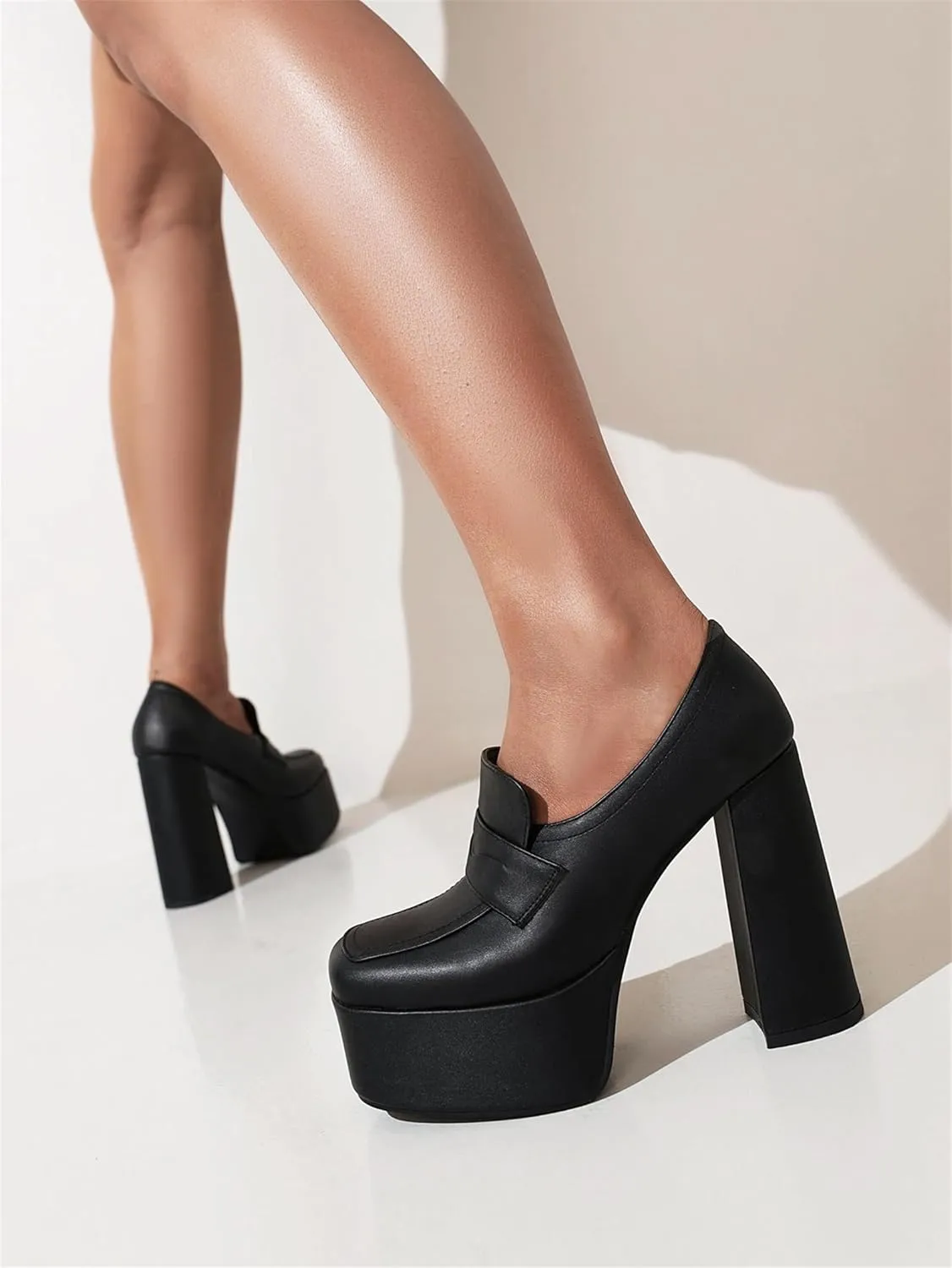 Women's Platform Square Closed Toe Pumps Pull-On Loafers Comfortable Chunky High Heels Office Concise Cosplay Work Casual Student Dating Daily Wear Fashion Business Dress Shoes