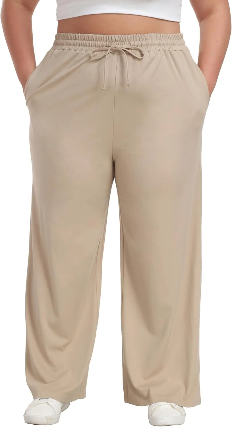 Women's Plus Size Wide Leg Pants Elastic Waist Casual Pants Summer Loose Fit Sweatpants with Pockets Drawstring