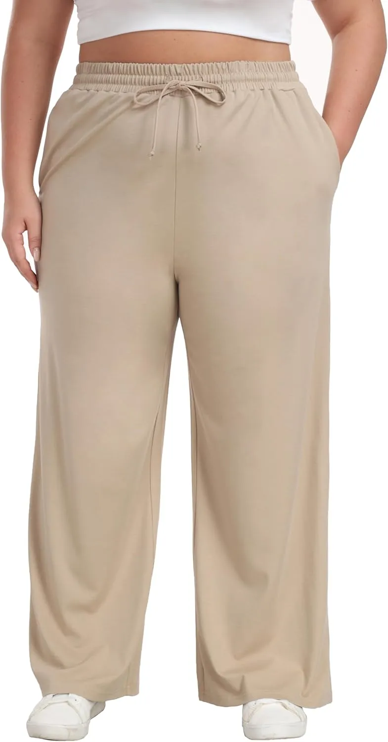 Women's Plus Size Wide Leg Pants Elastic Waist Casual Pants Summer Loose Fit Sweatpants with Pockets Drawstring