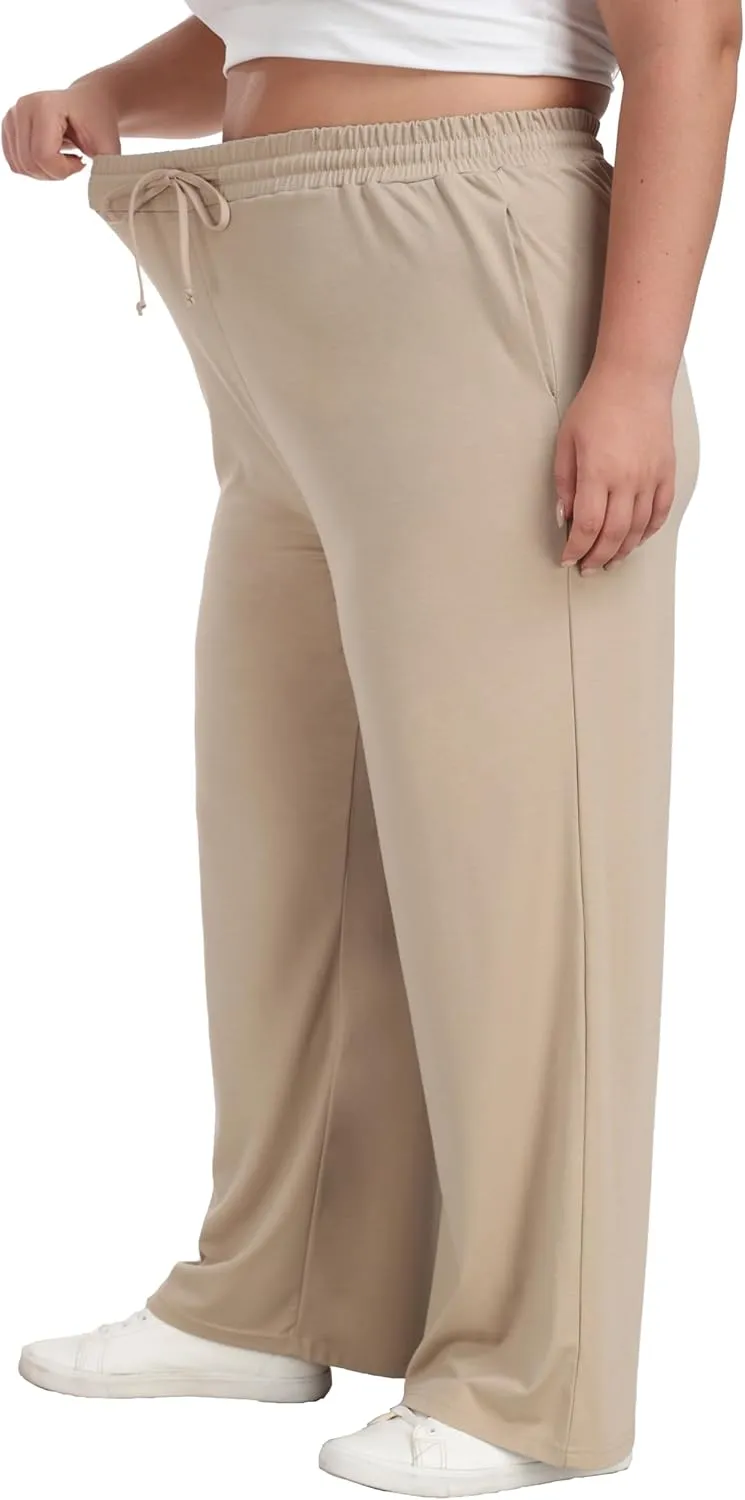 Women's Plus Size Wide Leg Pants Elastic Waist Casual Pants Summer Loose Fit Sweatpants with Pockets Drawstring