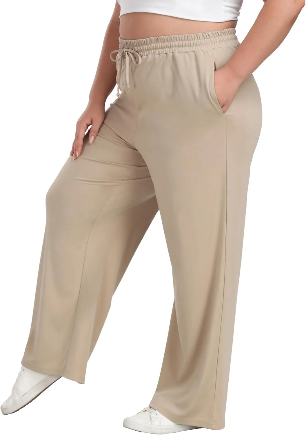 Women's Plus Size Wide Leg Pants Elastic Waist Casual Pants Summer Loose Fit Sweatpants with Pockets Drawstring