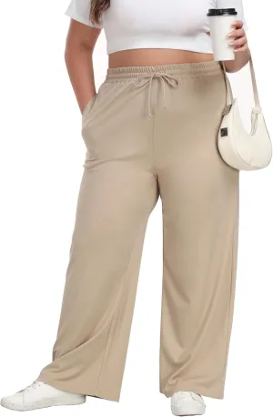 Women's Plus Size Wide Leg Pants Elastic Waist Casual Pants Summer Loose Fit Sweatpants with Pockets Drawstring