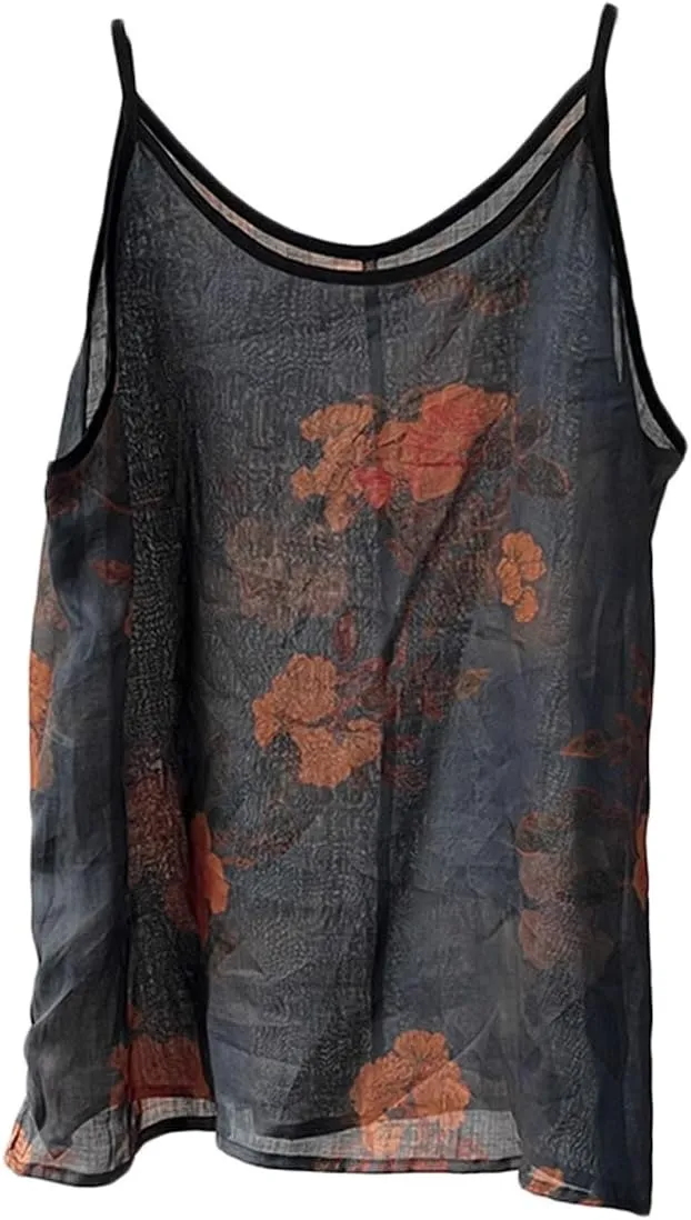 Womens Ramie Camisole Cami Floral Printed Strappy Slip Tops T-Shirt Blouse Tank Shirt