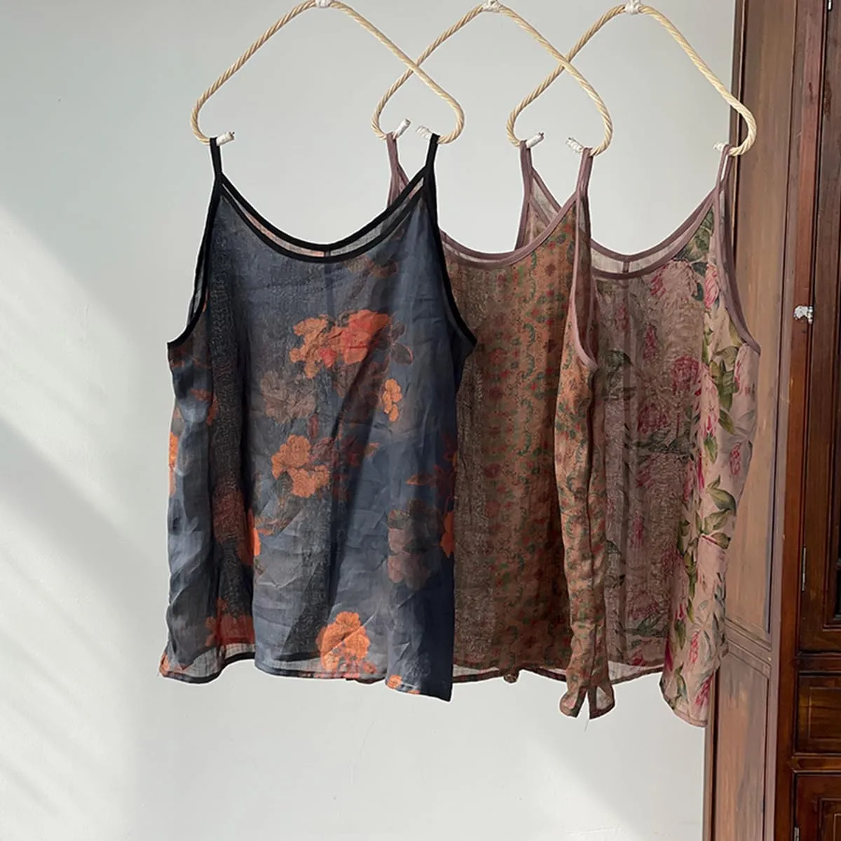 Womens Ramie Camisole Cami Floral Printed Strappy Slip Tops T-Shirt Blouse Tank Shirt