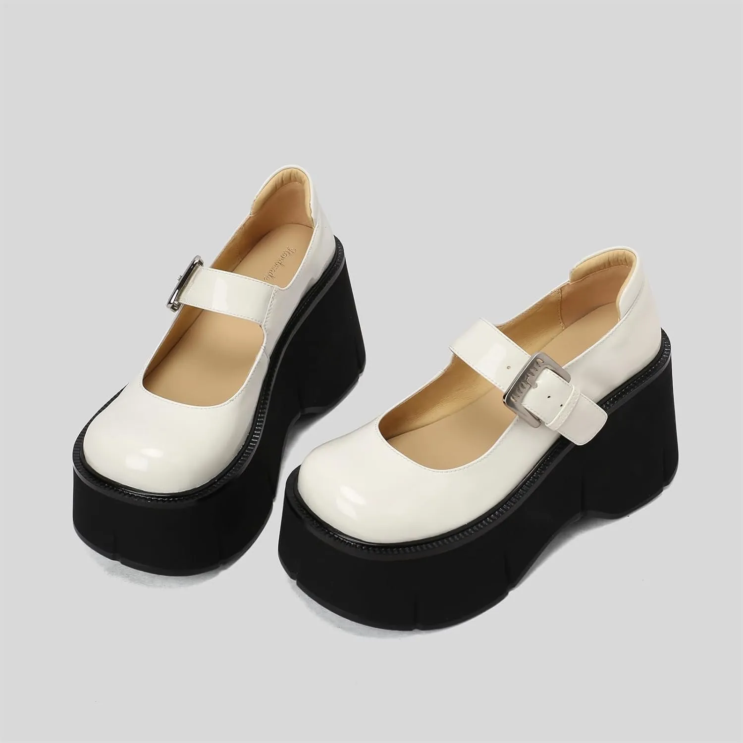 Women's Retro Platform Round Closed Toe Pumps Adjustable Buckle Chunky High Heeled Loafers Office Work Casual Fashion Student Dress Shoes All Weather Daily Wear Concise Wedges