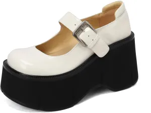 Women's Retro Platform Round Closed Toe Pumps Adjustable Buckle Chunky High Heeled Loafers Office Work Casual Fashion Student Dress Shoes All Weather Daily Wear Concise Wedges