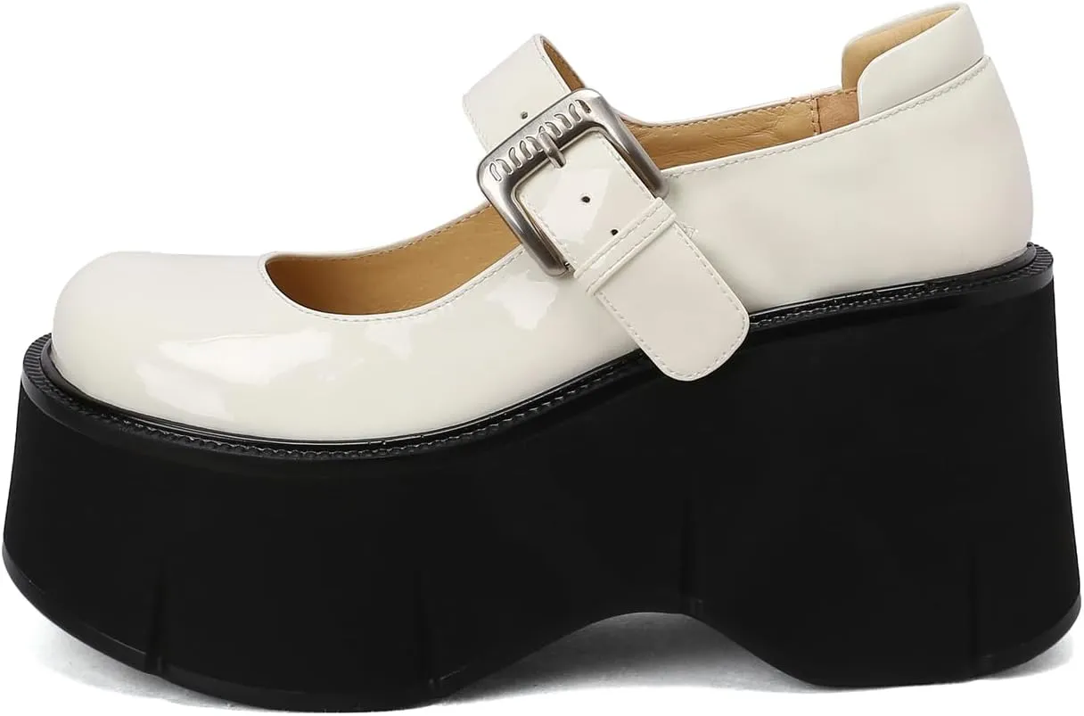 Women's Retro Platform Round Closed Toe Pumps Adjustable Buckle Chunky High Heeled Loafers Office Work Casual Fashion Student Dress Shoes All Weather Daily Wear Concise Wedges