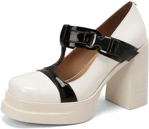 Women's Retro Platform Square Closed Toe Pumps T-Strap Hook and Loop Fastener Chunky High Heeled Loafers Office Work Casual Fashion Student Dress Mary Jane Daily Wear Concise Shoes