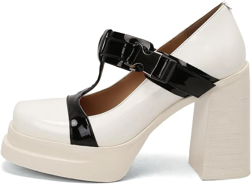 Women's Retro Platform Square Closed Toe Pumps T-Strap Hook and Loop Fastener Chunky High Heeled Loafers Office Work Casual Fashion Student Dress Mary Jane Daily Wear Concise Shoes