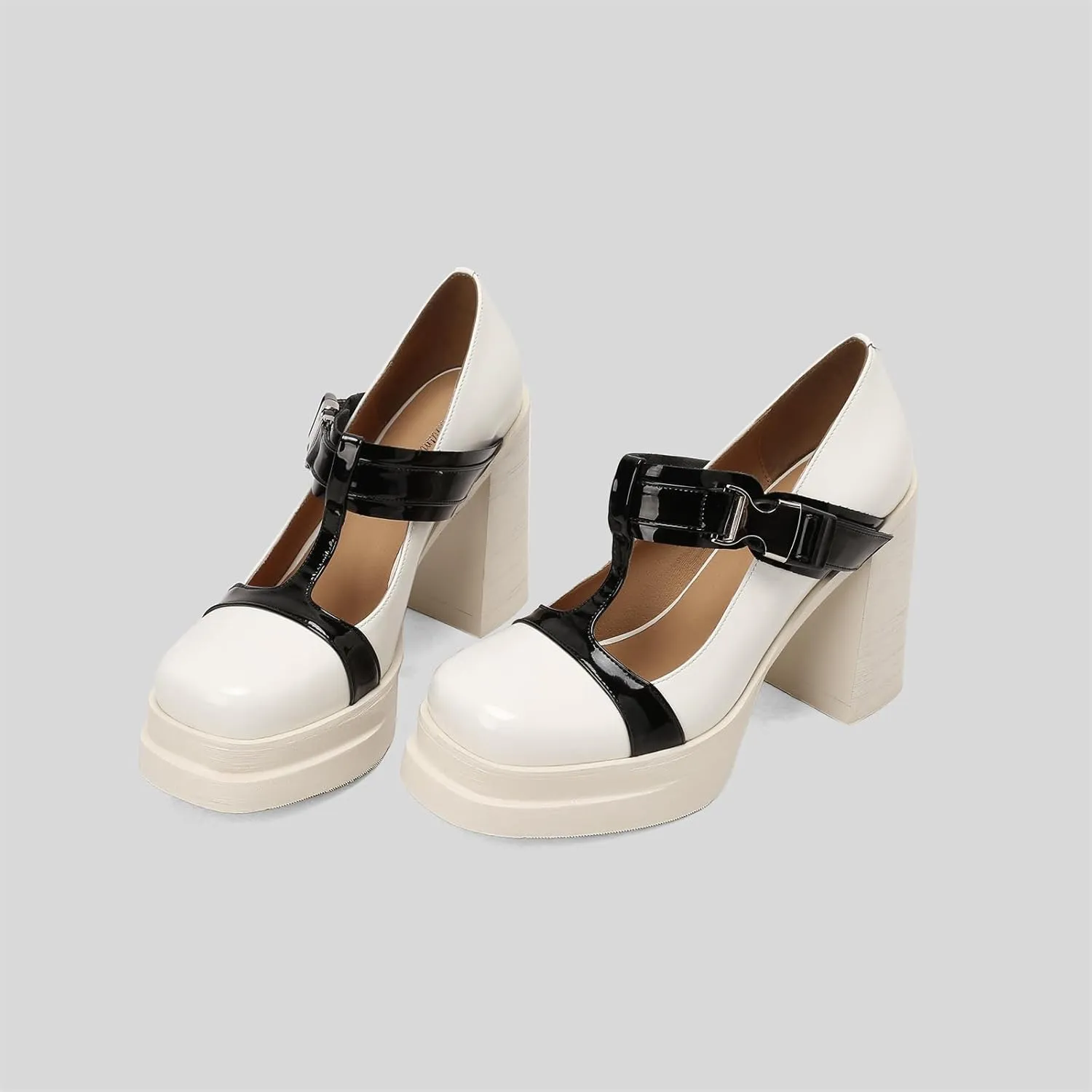 Women's Retro Platform Square Closed Toe Pumps T-Strap Hook and Loop Fastener Chunky High Heeled Loafers Office Work Casual Fashion Student Dress Mary Jane Daily Wear Concise Shoes