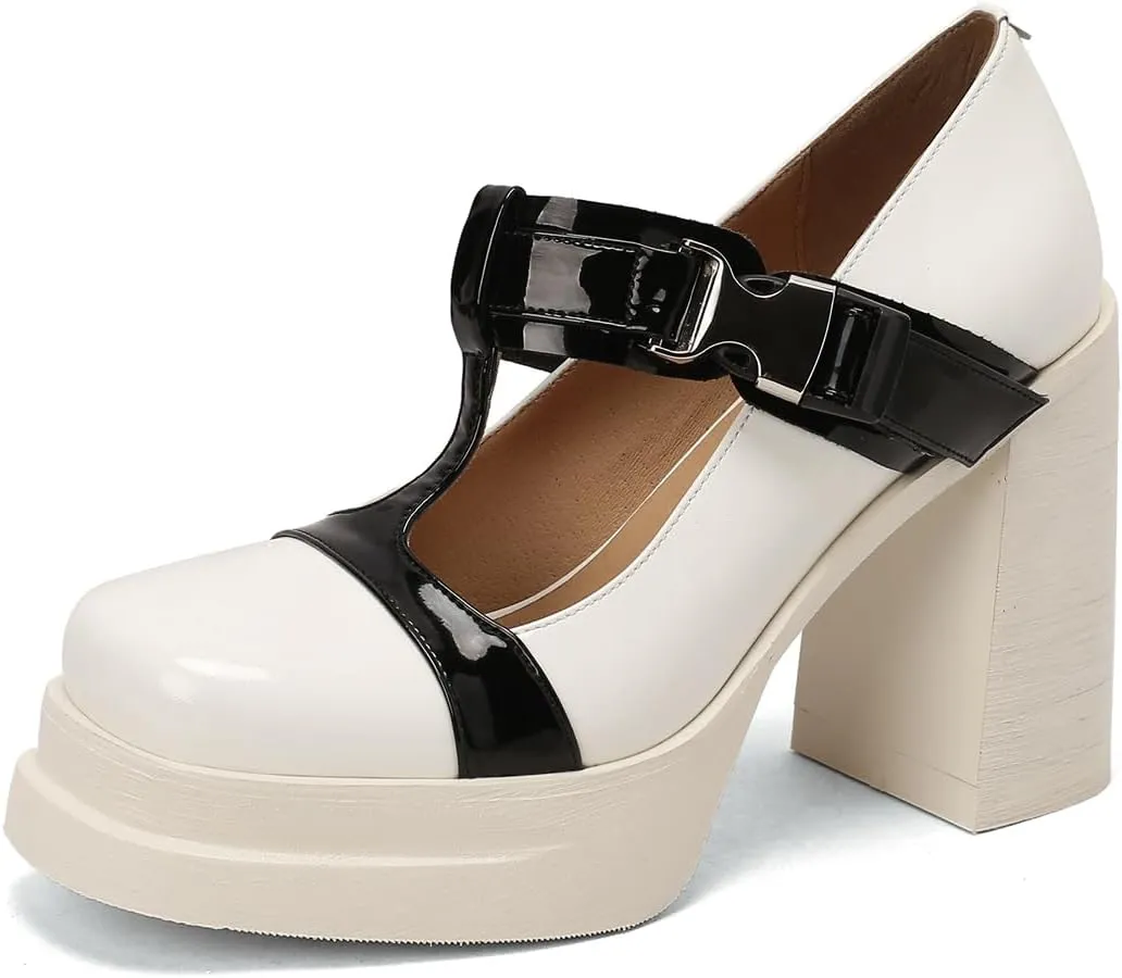 Women's Retro Platform Square Closed Toe Pumps T-Strap Hook and Loop Fastener Chunky High Heeled Loafers Office Work Casual Fashion Student Dress Mary Jane Daily Wear Concise Shoes