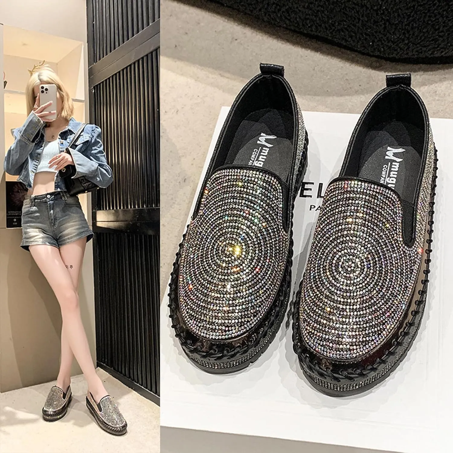 Women's Rhinestones Platform Loafer Comfort Round Wide Toe Slip On Sparkle Walking Shoes Handmade Non-Slip Fashion Sneakers