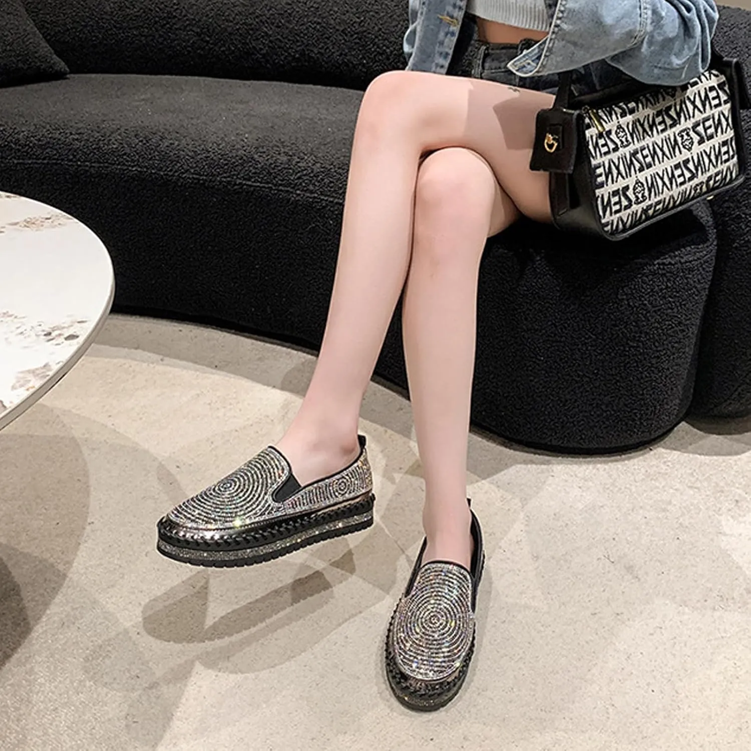 Women's Rhinestones Platform Loafer Comfort Round Wide Toe Slip On Sparkle Walking Shoes Handmade Non-Slip Fashion Sneakers
